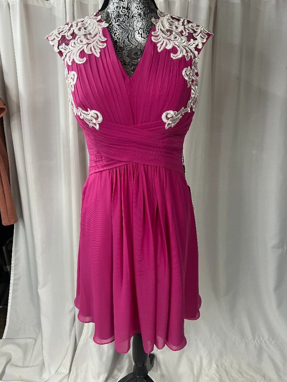 NWT JJ's House Fuchsia Pink V-Neck Chiffon Cocktail Dress with Lace Appliques